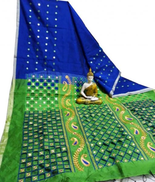 Blue &amp; Green Cotton Silk Cut Work Saree